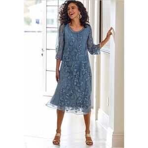 SOFT SURROUNDINGS NWT Blue Floral Embroidered Starling Silk Midi Dress XL